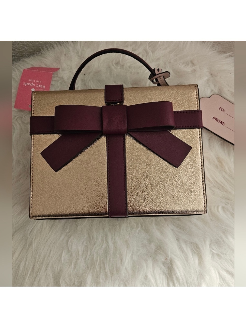 kate spade Wrapping Party Metallic Gold Mini Box Bag with Burgundy Bow NWT - Picture 10 of 14